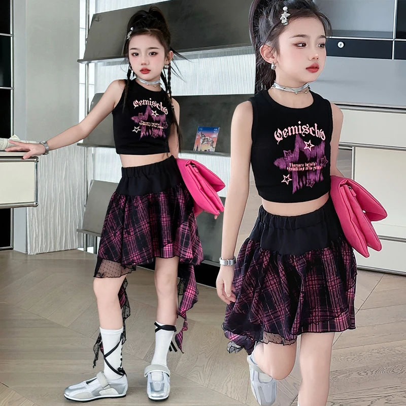 

Elegant Kids Hip Hop Skirts and Crop Tops Clothing Set for Girls Dance Suit Streetwear Children Jazz Outfits Performance Set