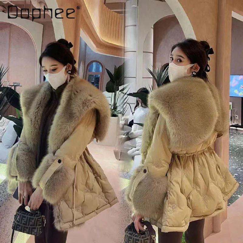 شتاء جديد الكورية أنيقة سليم أسفل سترة للنساء الراقية مزاجه الاجتماعي كبير الفراء طوق منتصف طول رشاقته معطف