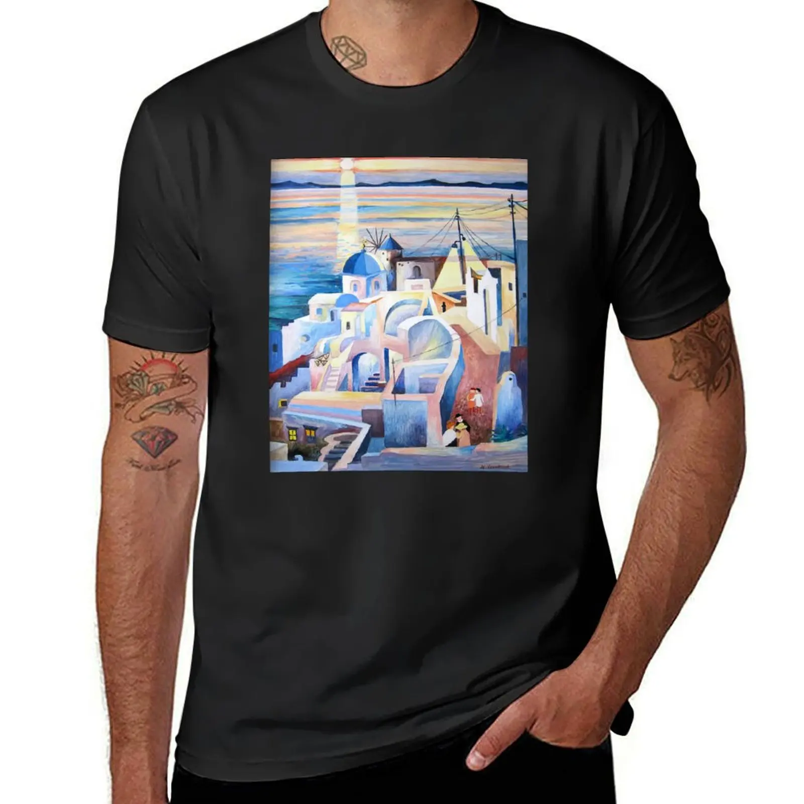 Santorini Greece Acrylic Painting T-Shirt Aesthetic clothing for a boy men clothing