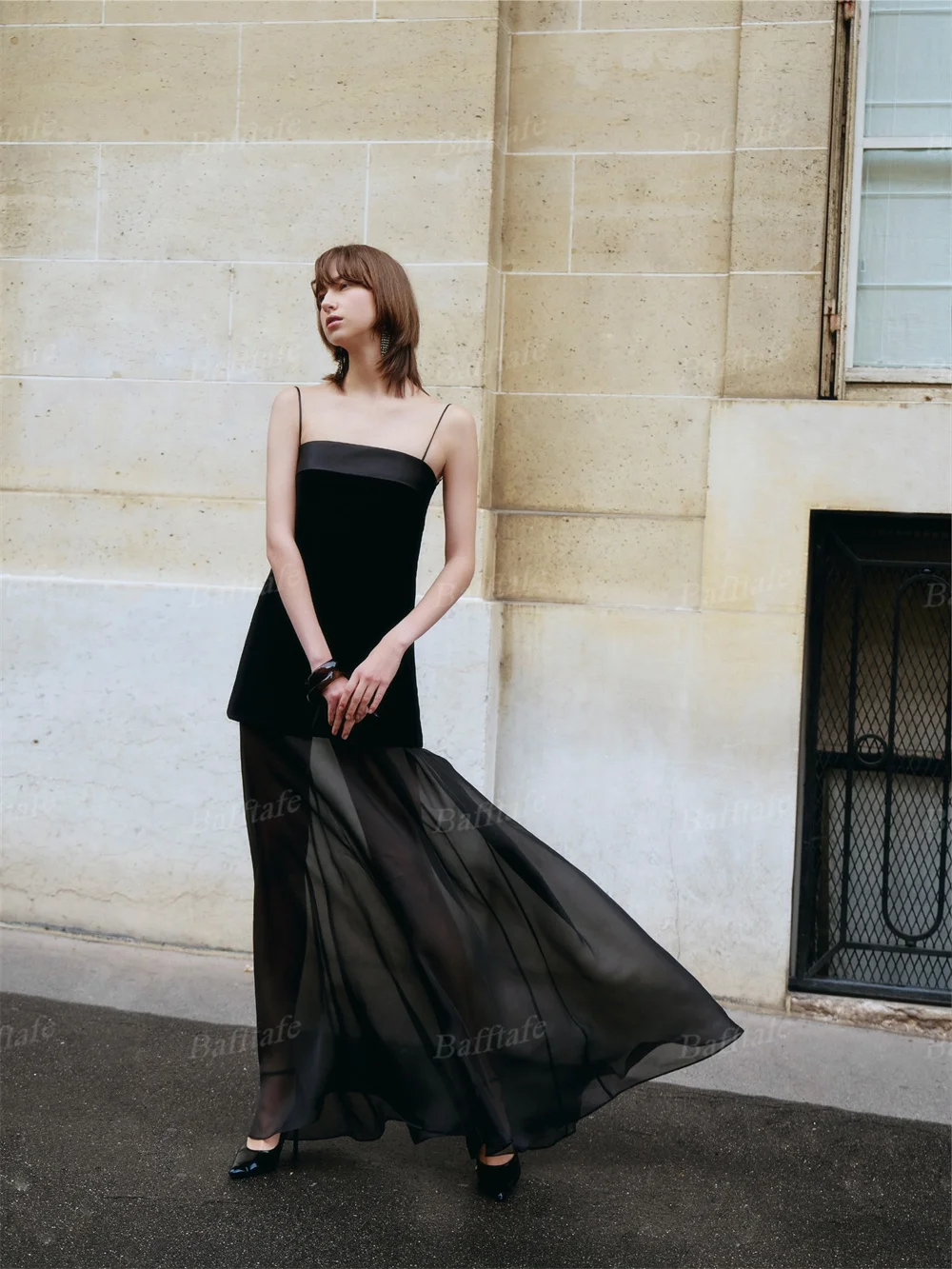 Bafftafe Simple Black Chiffon Customized Prom Dresses Spaghetti Straps Formal Party Women's Evening Dress Birthday Gowns 2026