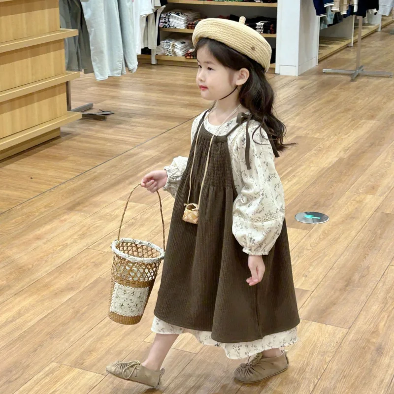 

Children's Outfit New Spring and Autumn Korean Style Girls' Casual Baby Floral Long Dress Puff Sleeve Cotton Dress