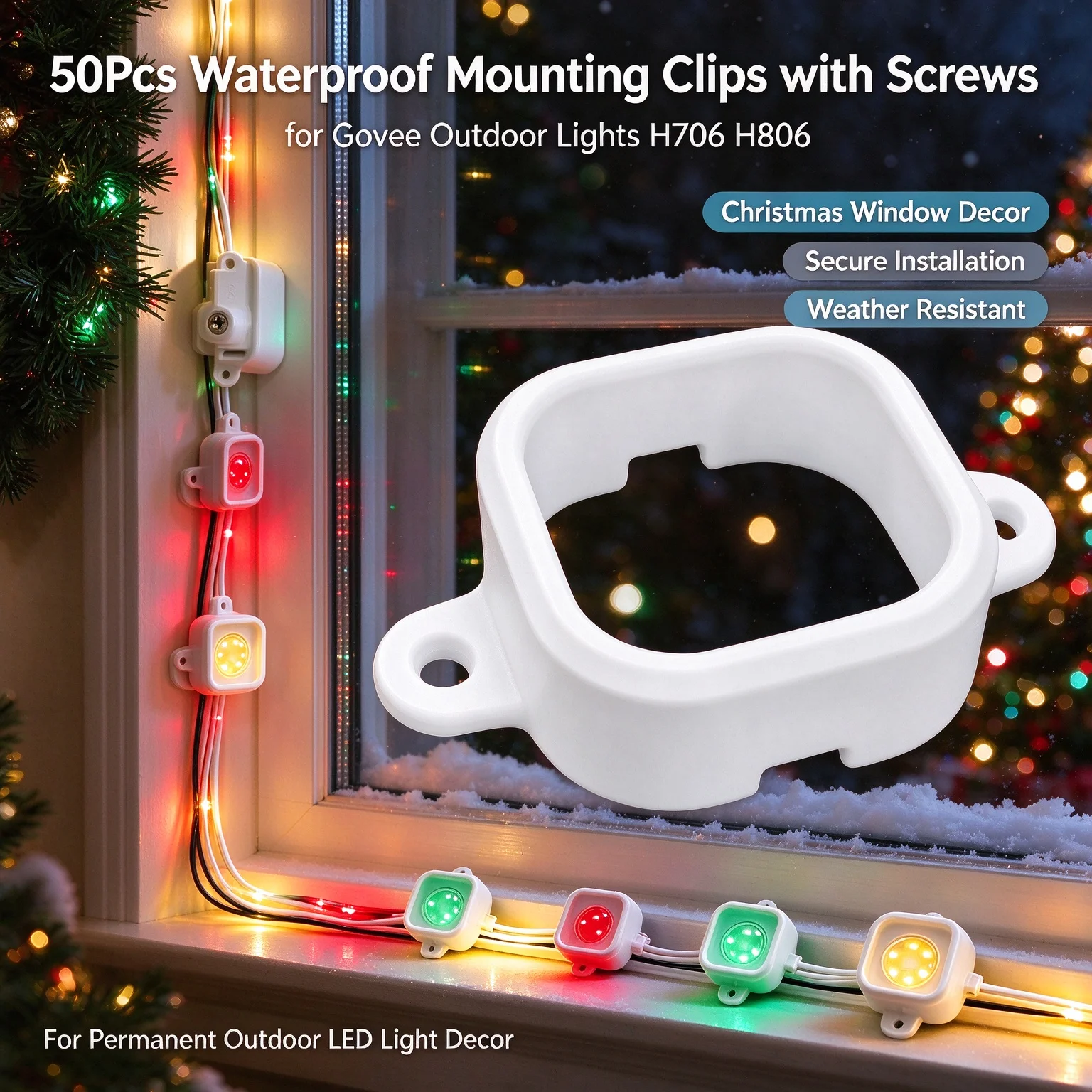 50PCS Christmas Holiday Decor Mounting Clips with Screws, Waterproof for Govee H706&806 Patio Walkway Lights