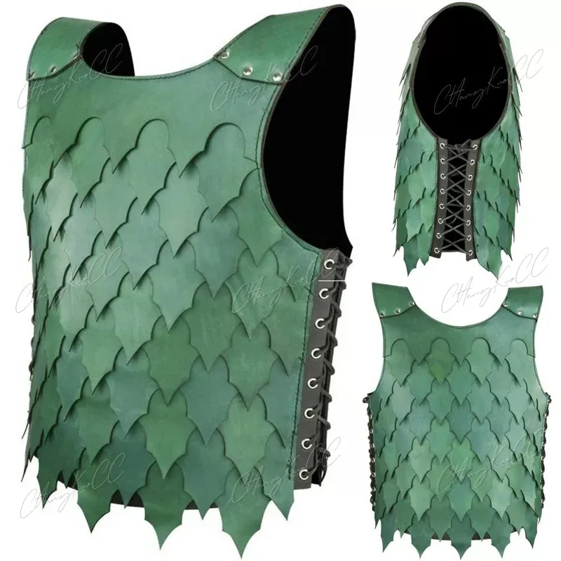 Fantasia Cosplay Medieval Masculina, Couro PU, Colete de Escala, Armadura Larp, Cavaleiro, Guerreiro, Duplo Verde, Jersey, Cuirass, Roupa Cosplay, SCA Mesa, SCA