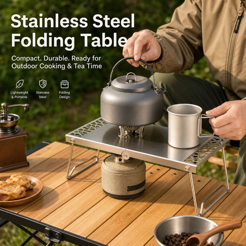 Table de thé portable d'extérieur en acier inoxydable, pliable, multifonctionnelle, pour barbecue et camping, double usage thé/grill