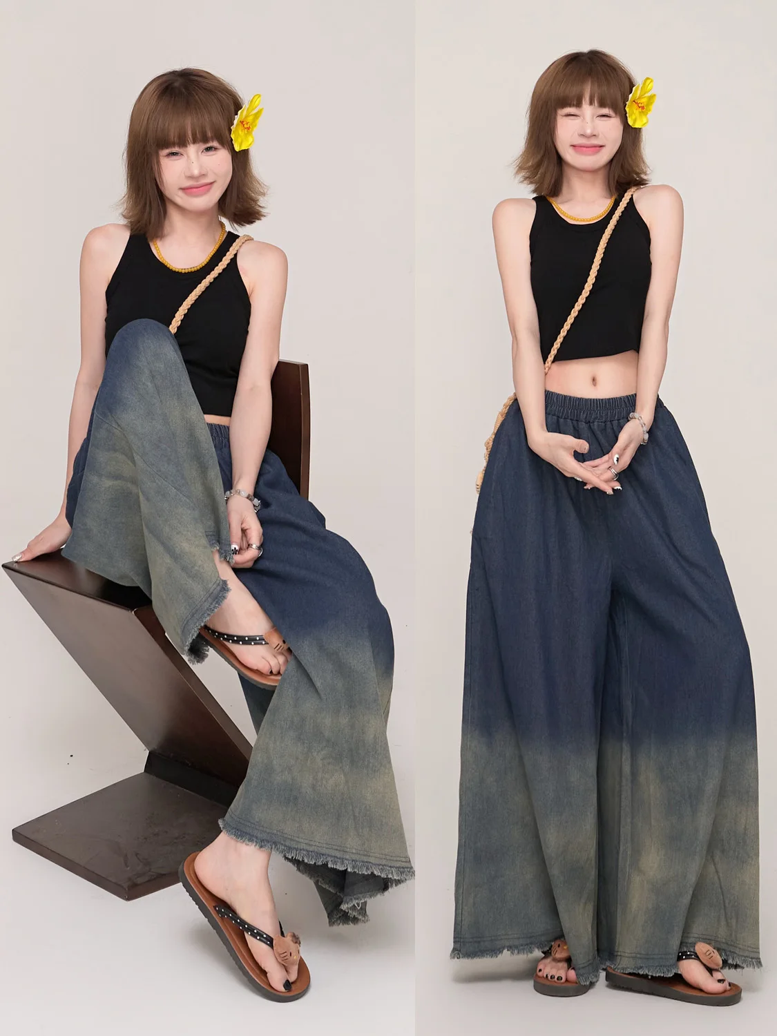 

Original MS Fashionable Retro Gradient Denim Pants Women's Summer Lazy Loose Elastic Waist Casual Wide Leg Jeans