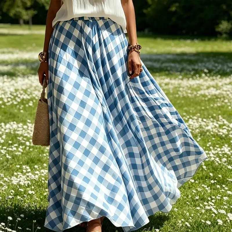 Womens Pleated Plaids Skirt Soft Fabric High Waist A Lline Swing Maxi Long Skirt For Daily Wear Or Special Event