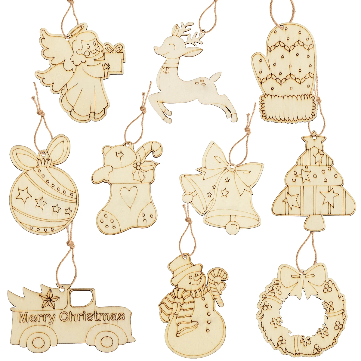 10pcs Christmas Wooden Crafts Cute Angel Deer Hanging Pendants for Xmas Home Party Tree Decoration Kids DIY Painting Ornaments