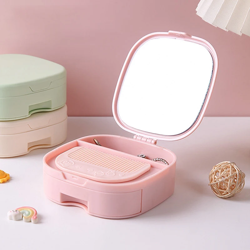 Hair Clips Storage Box With Makeup Mirror And Comb Desktop Folding Dormitory Princess Desktop Dressing Student Portable Mirror