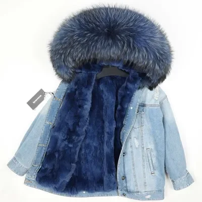 Girls denim fur parka Raccoon fur hood overcoat for kids Natural rabbit fur lined coat