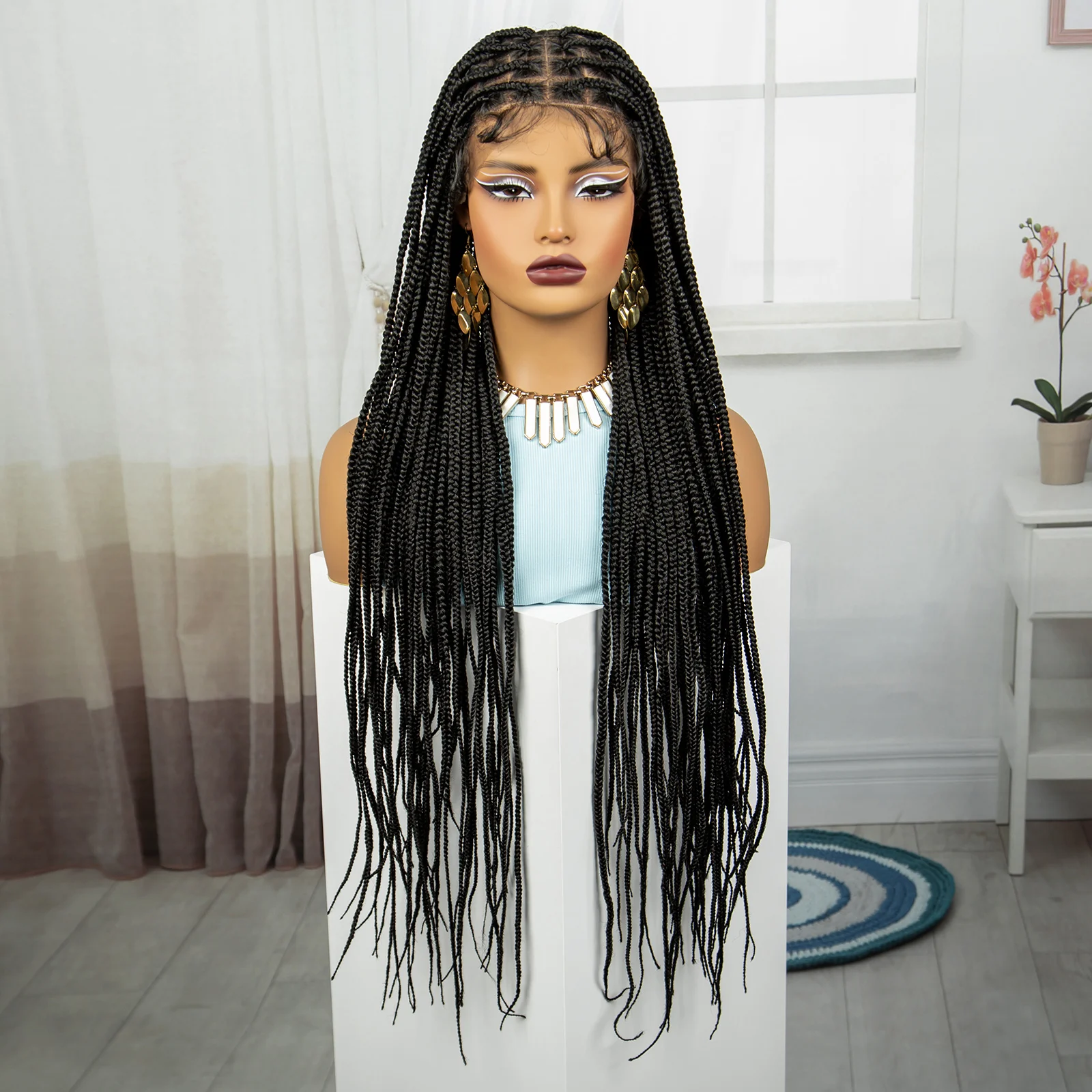 36-calowa syntetyczna pleciona peruka z pełnym koronkowym pudełkiem Cornrow Braids Lace Wig Straight Knotless Box Braids Lace Front Wigs for Black Women