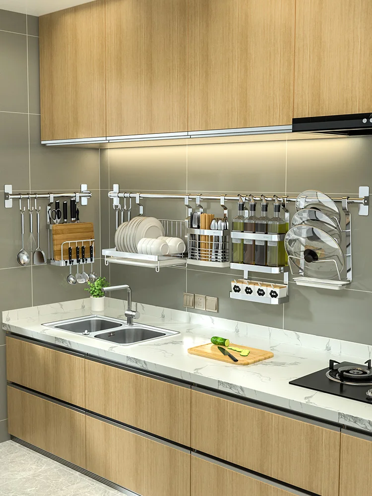 

Kitchen wall rack storage rack 304 stainless steel seasoning wall punching-free small apartment simple