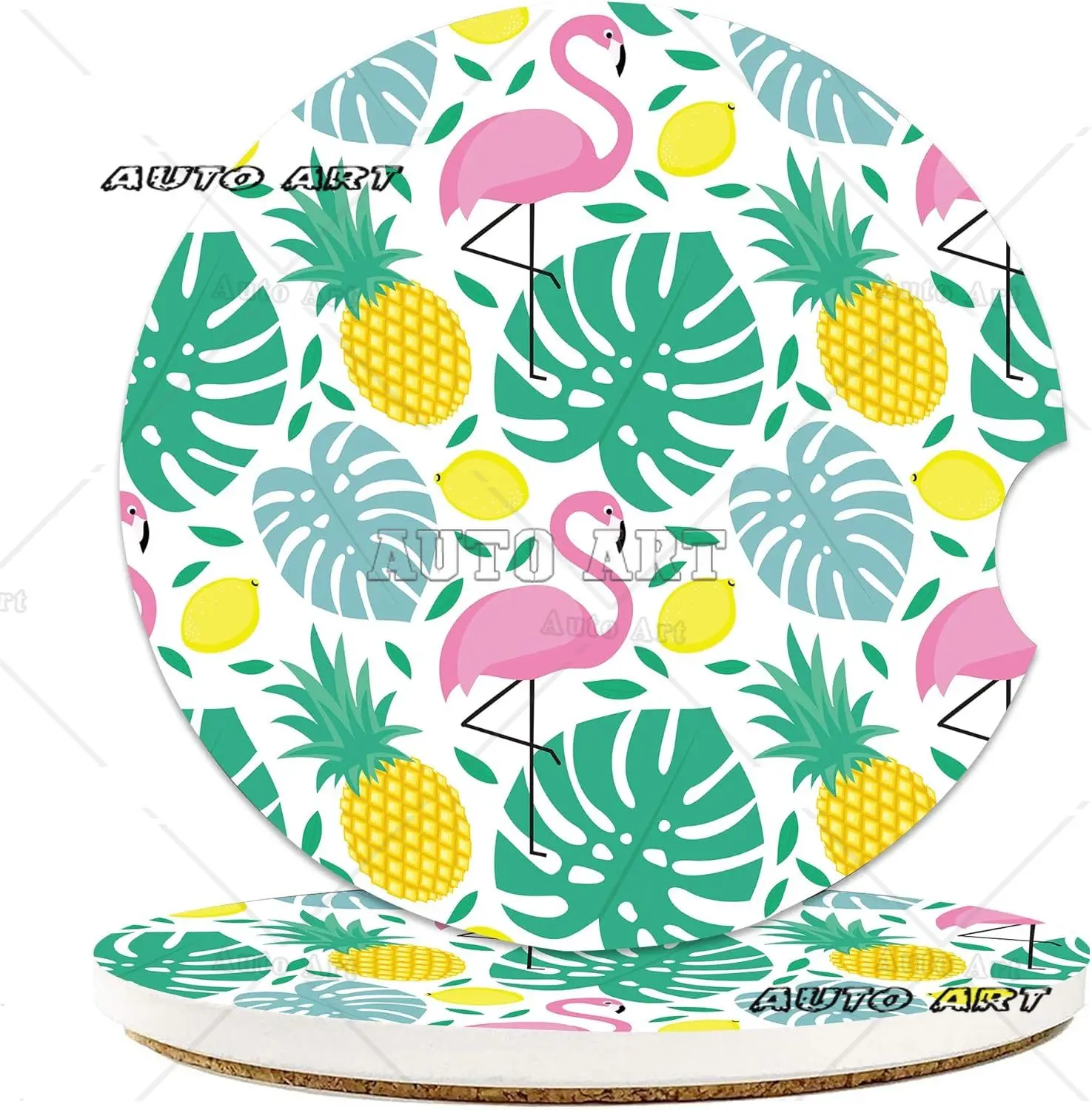 Flamingo Pineapple Car Coasters for Cup Holders 2 Pack Absorbent Ceramic Car Cup Holder Coasters for Drinks Universal Non-Slip