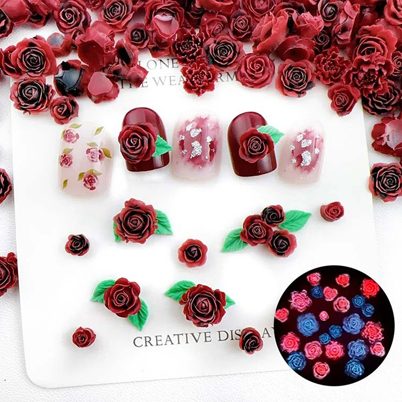 Random Mixed Wine Red Rose Nail Art Charms 3D Retro Resin Luminous Flowers Nail Decorations Accessories For Nails DIY Salon