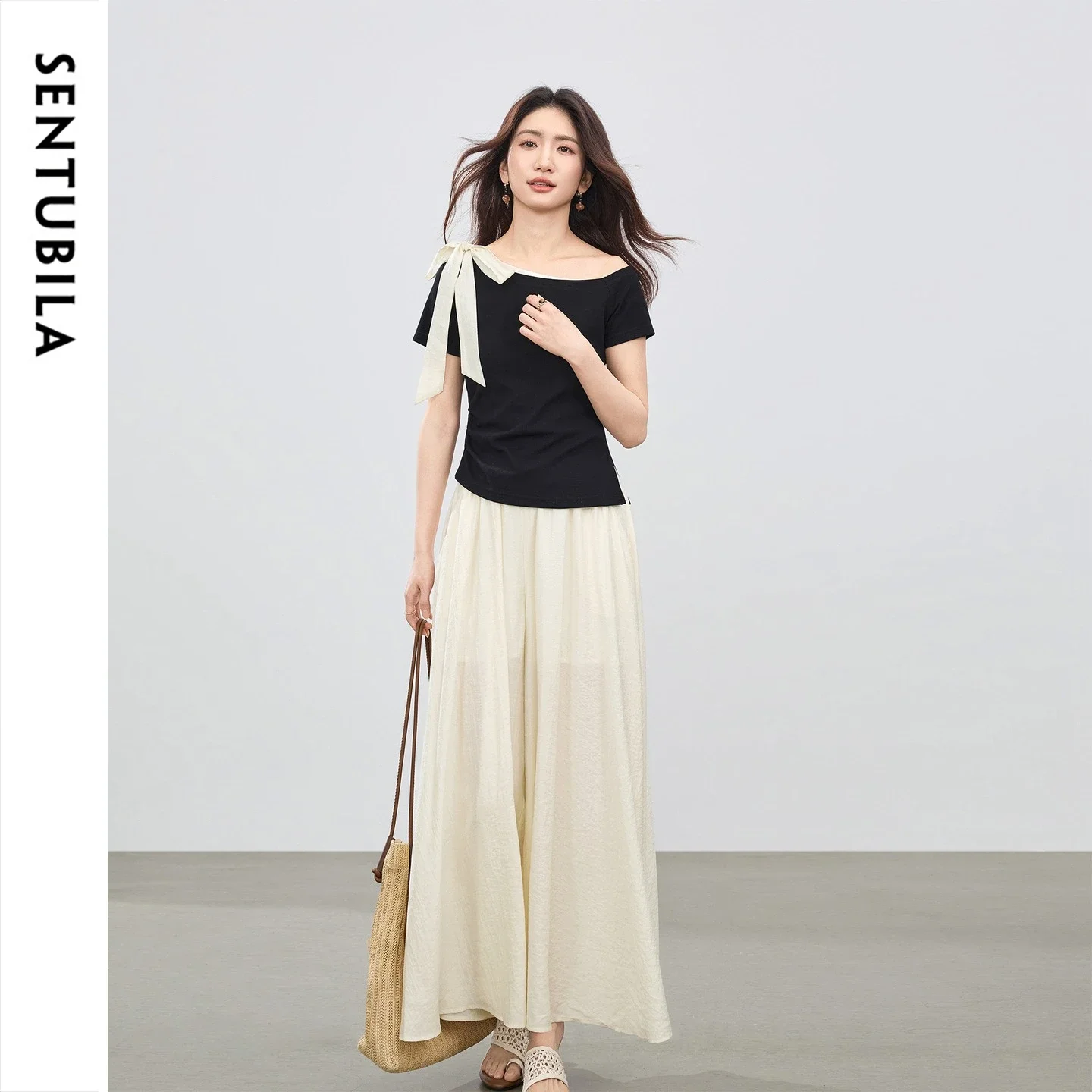 SENTUBILA Women's Summer Two Piece Set 2026 Ladies Fashion Black T-Shirt and Pants Suit Ladies Simple Commute Outfit W62ZL7102