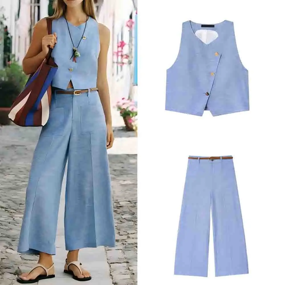 

Women's 2025 new fashion gold button decoration short linen blend vest retro sleeveless women's vest chic top+Pants suit