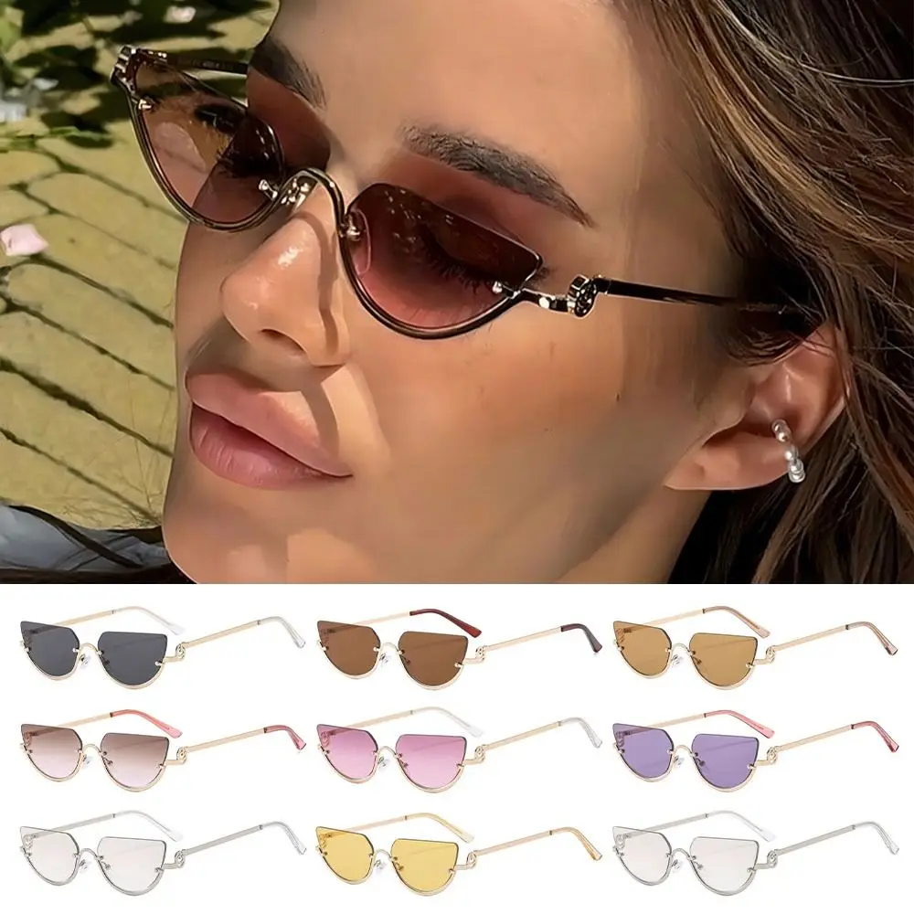 Gafas de sol de moda con forma de ojo de gato para mujer, gafas de sol de media montura de Metal Hip Hop, gafas de sol estrechas y pequeñas Vintage para mujeres y hombres