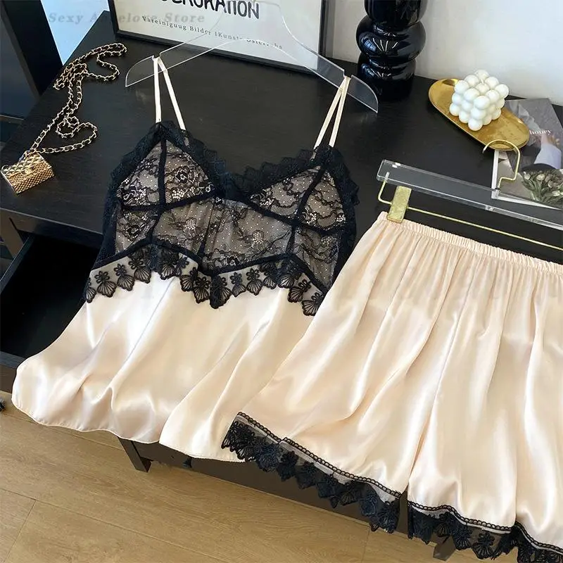 

Женский пижамный комплект, сорочка, одежда для сна, домашняя одежда, сексуальное кружевное интимное белье, Pijama Mujer, свободные атласные майки и шорты, одежда для дома