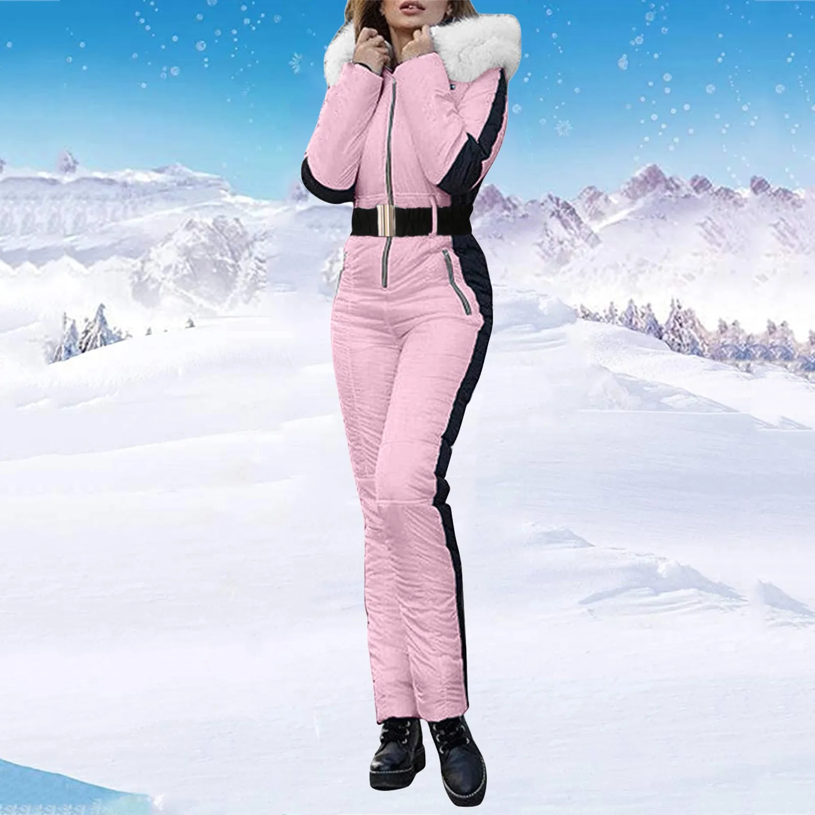 Combinaison de ski imperméable à capuche pour femme, Parka rembourrée en coton, Combinaison de ski d'extérieur chaude, Optique d'hiver, Rose, Nouveau, 1 Pc, 2024