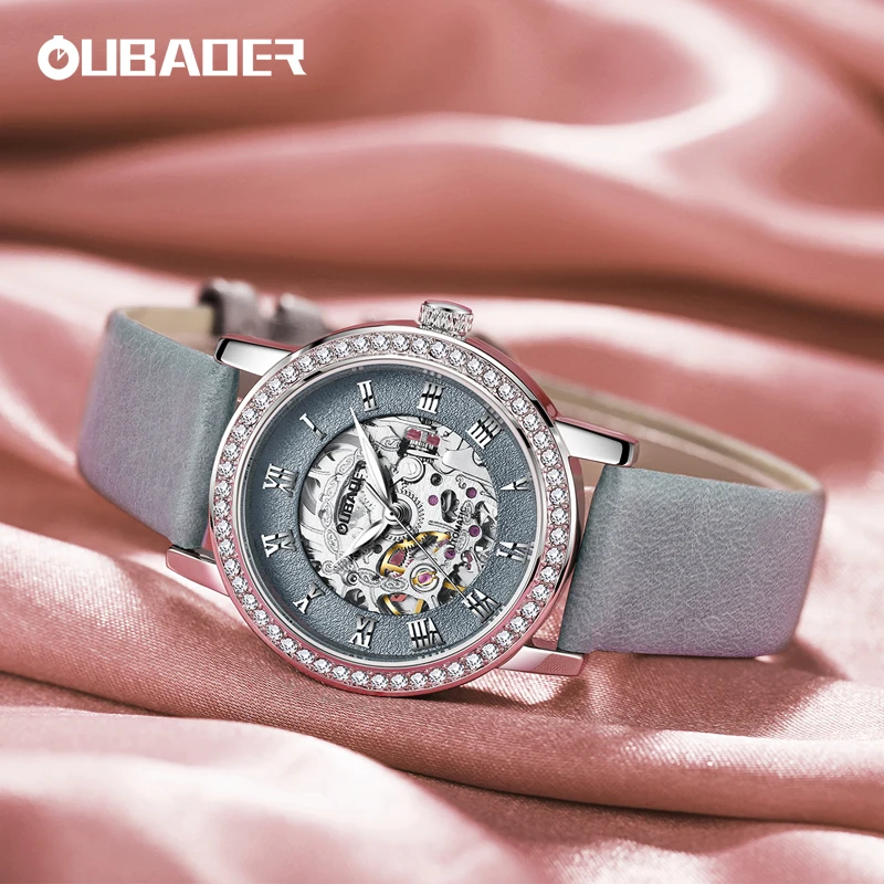 Oubaoer senhoras relógio mecânico automático esqueleto pulseira de couro moda diamante cristal noite banquete vestido relógios para mulher