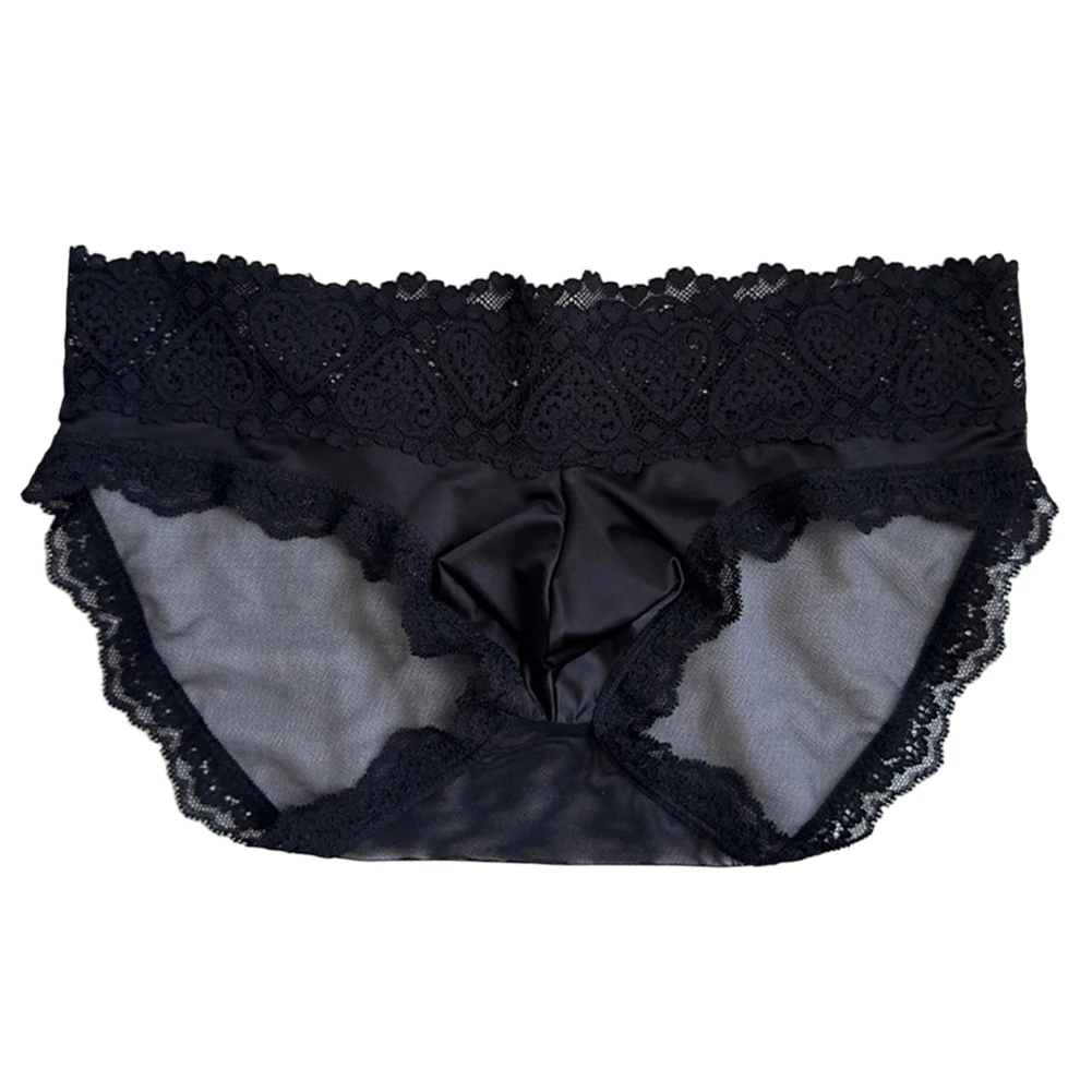 Men's Lace Mesh Perspective Briefs Sexy Low Rise Satin U Convex Underpant Lace Trim Ultra-Thin Breathable Underwear Quick Dry