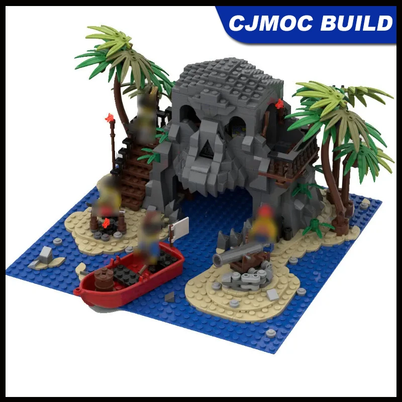 1157pcs MOC Building block Pirate Island Model with a Boat Cannon and Palm Trees Model Set Assembling Brick Toys MOC-112573