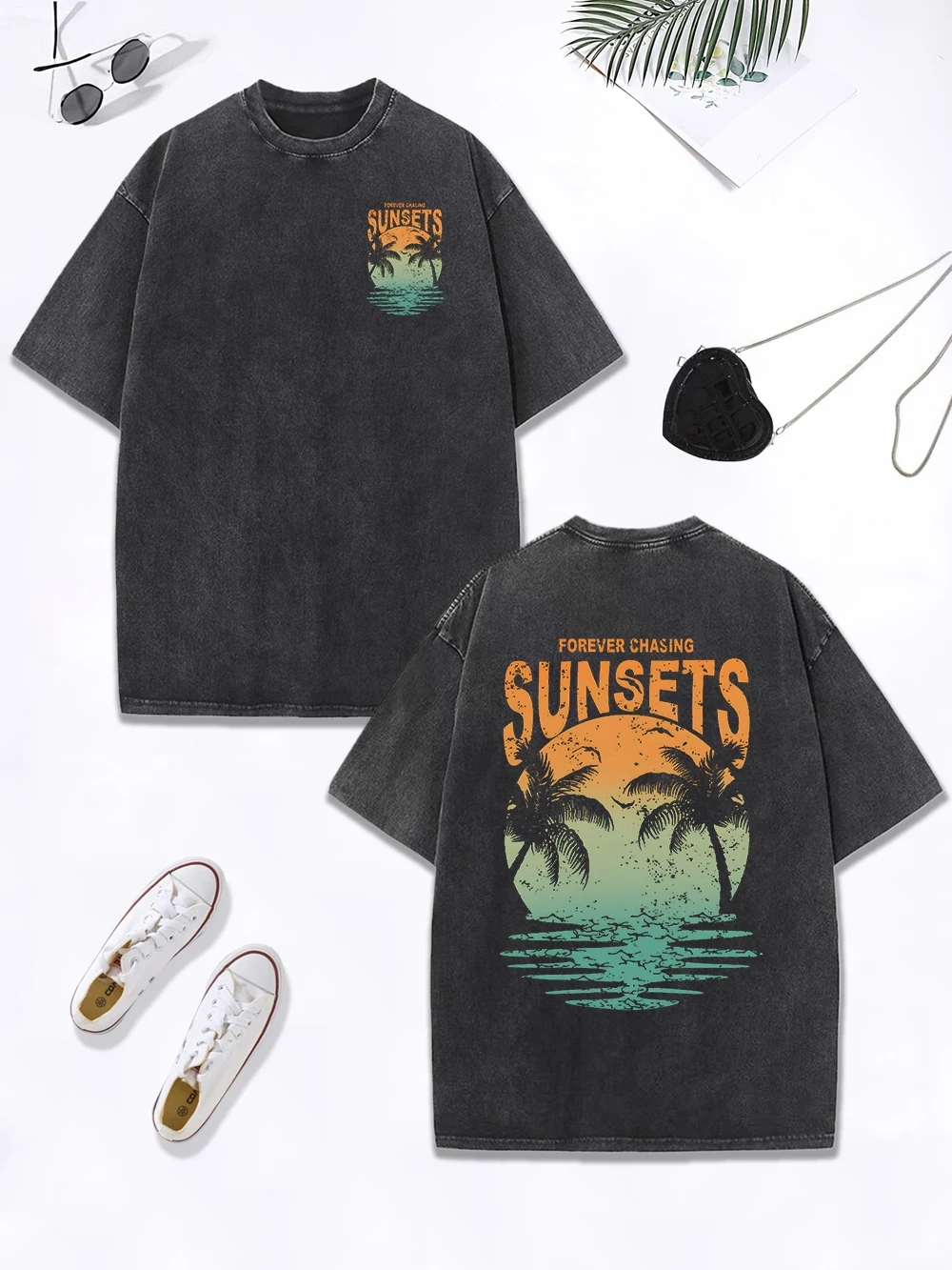 Forever Chasing Sunsets-Camiseta lavada con estampado de árbol de coco para mujer, Tops de algodón de gran tamaño, camiseta desgastada con cuello redondo, ropa informal