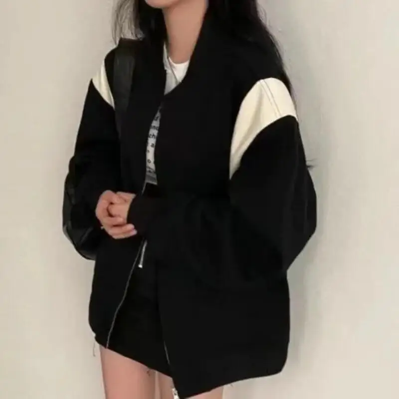 2026 New Spring Autumn Women Retro Plush Thick Cardigan Baseball Jacket Fashion Loose Versatile Color Blocked Zipper Hoodie Tops