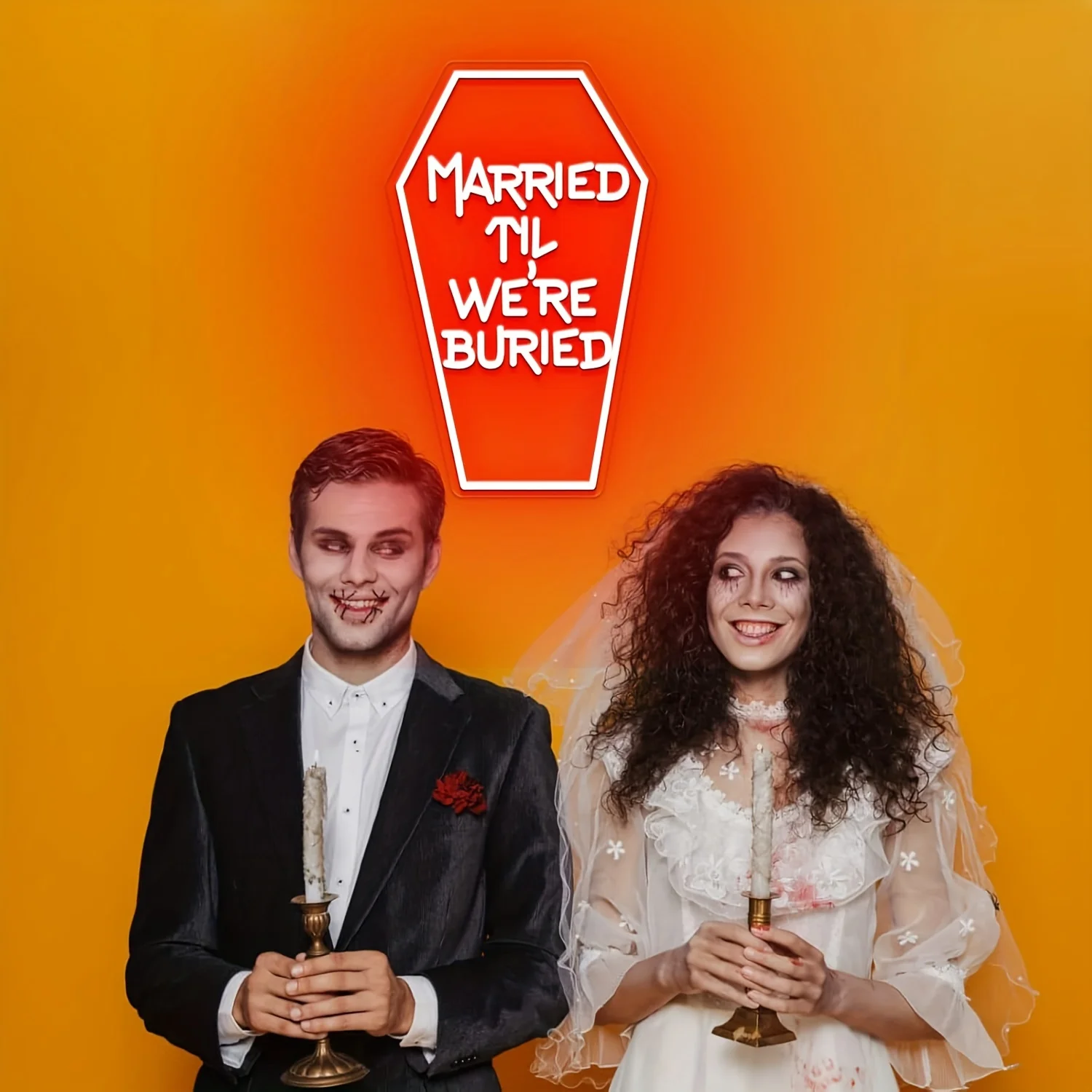 Married Til We're Buried Neon Sign, lámpara gótica Ryder, decoración de pared, decoración de fiesta de boda, regalo de Halloween, alimentado por Usbu