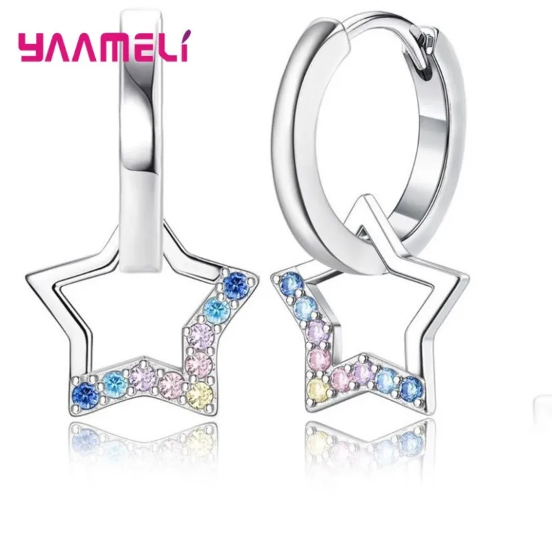 Shining 925 Sterling Silver Stars Rainbow Cubic Zircon Drop Earrings for Women Girls Wedding Party Trendy Jewelry Gift Accessory