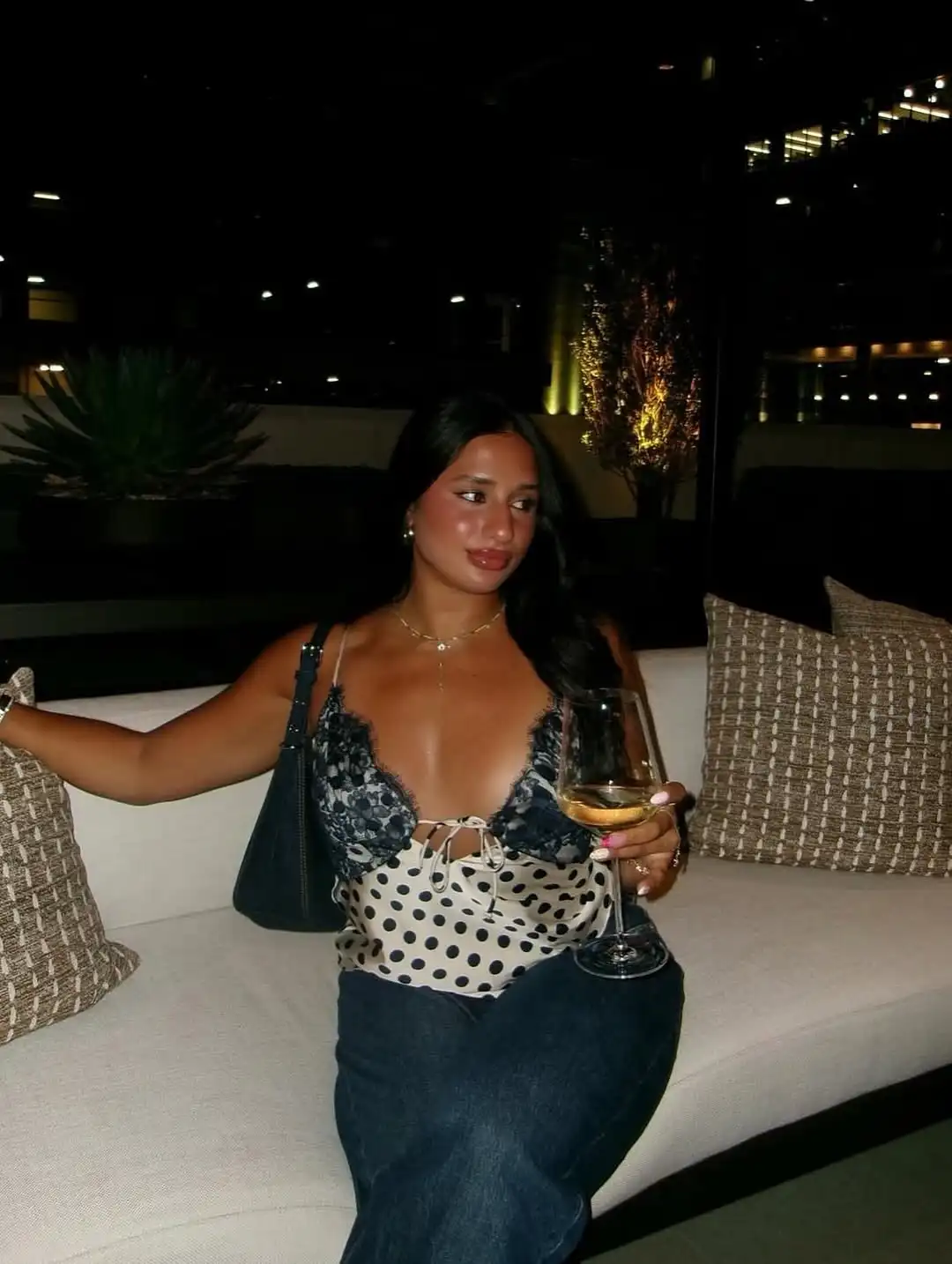 Polka Dot Lace Trim Cami Top Women White Black Dot V Neck Front Tie Thin Strap Slim Fit Elegant  Date Night Sleeveless Tank