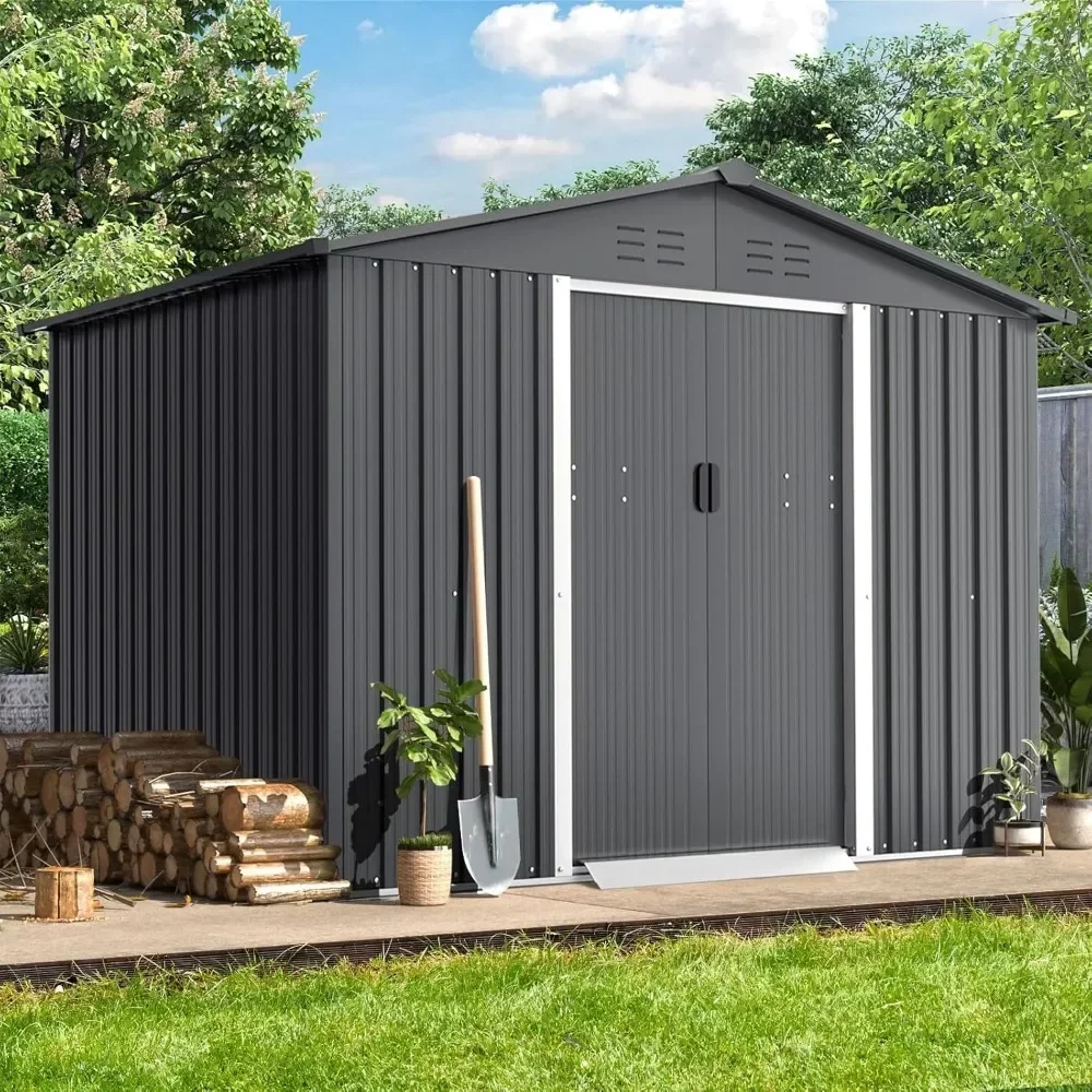 6 x 8 FT Outdoor Storage House with French Door Backyard Garden Storage Shed Outdoor Lawn Steel Roof Style Shed, Garden Grey