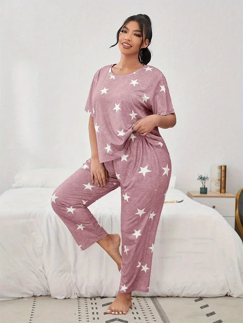 Two pieces -autumn and winter new leisure home clothes short -sleeved pants star full printed pajamas lady