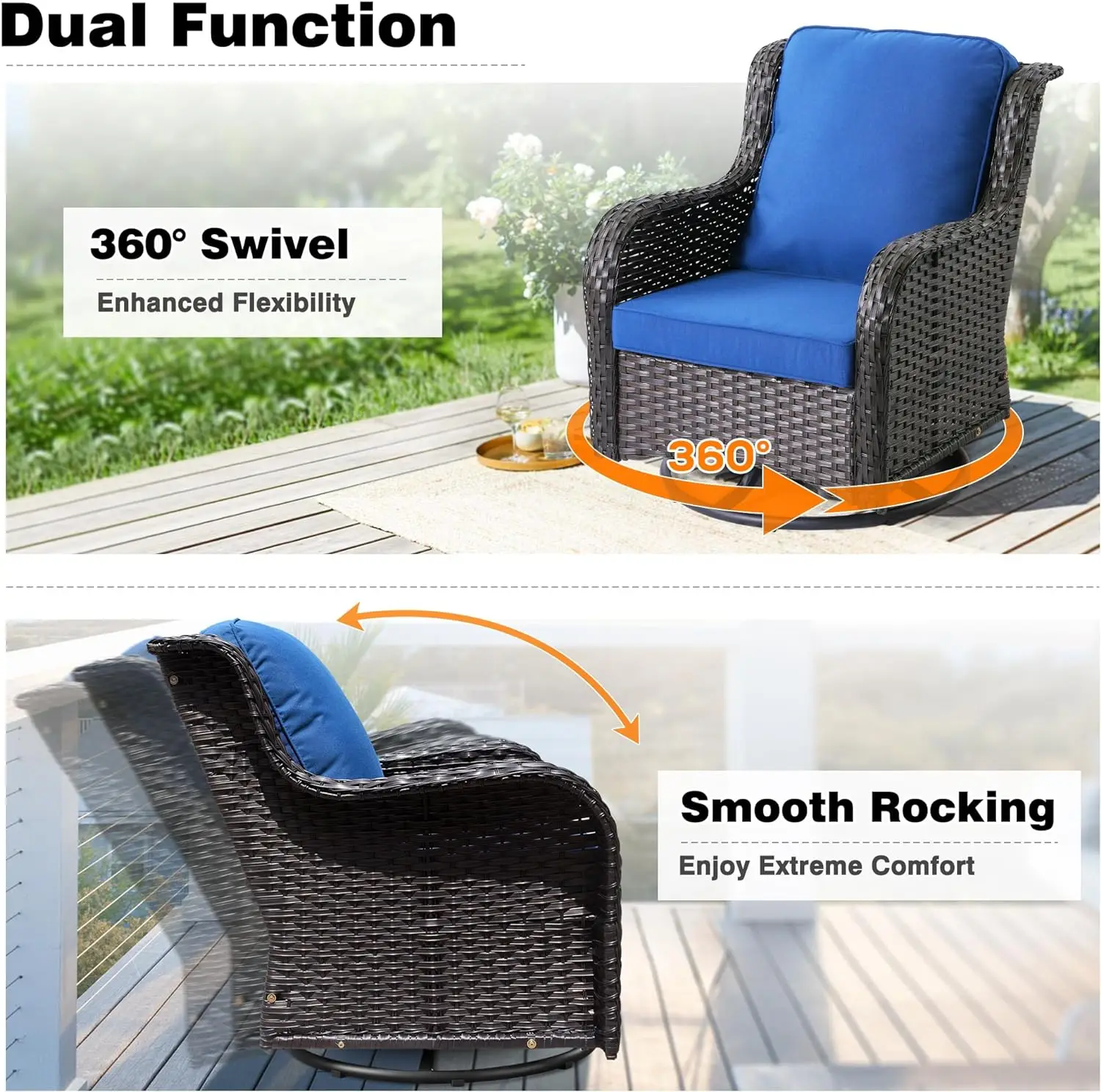 Patio Furniture Set, 6-Piece Outdoor Wicker High Back Sofa with Swivel Rocking Chair, Ottoman, Brown Rattan Navy Blue