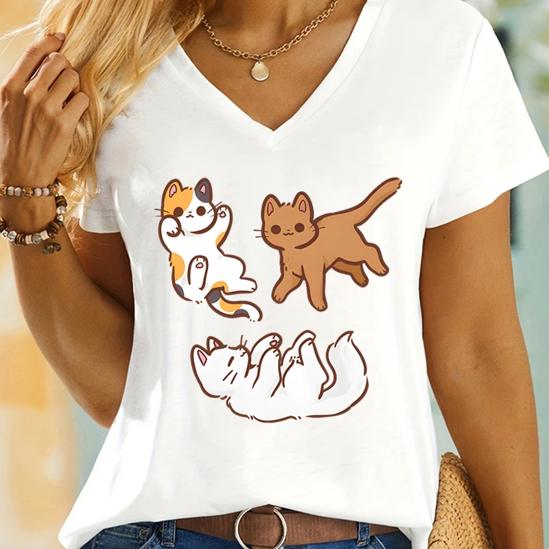 Trendy Cartoon Cute Cat Print Women Casual T-shirts Funny Anime Animals Classic Tops Cat Owner Gift V-neck Short Sleeve T-shirt