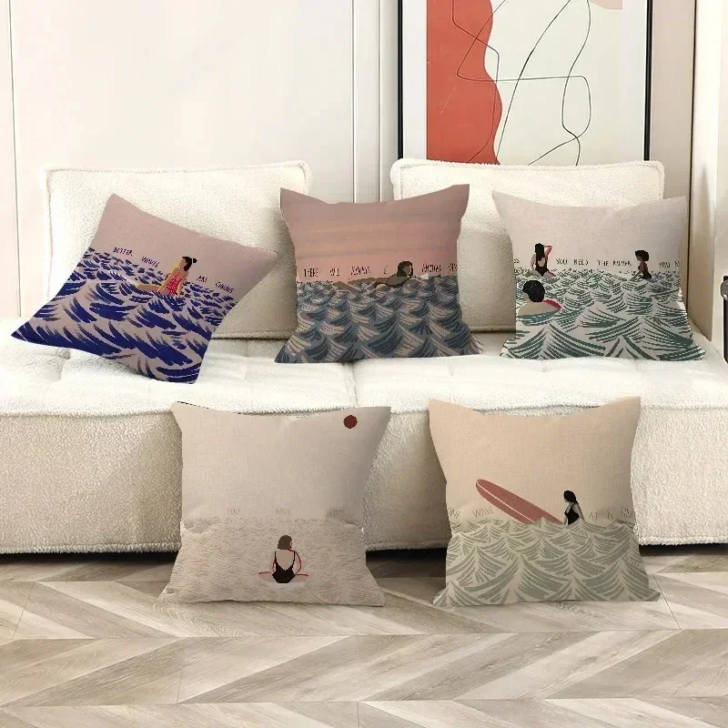 Surfing Girl Motifs Waves Positive Sayings Pattern Cushion Cover Sofa Bedroom Car Pillow Cover
