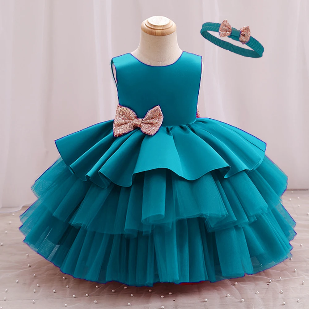 2024 New Summer Big Bow Dress per neonate Tulle Cute Sequin Kid Birthday Princess Party Dress Solid Elegant Wedding Clothes