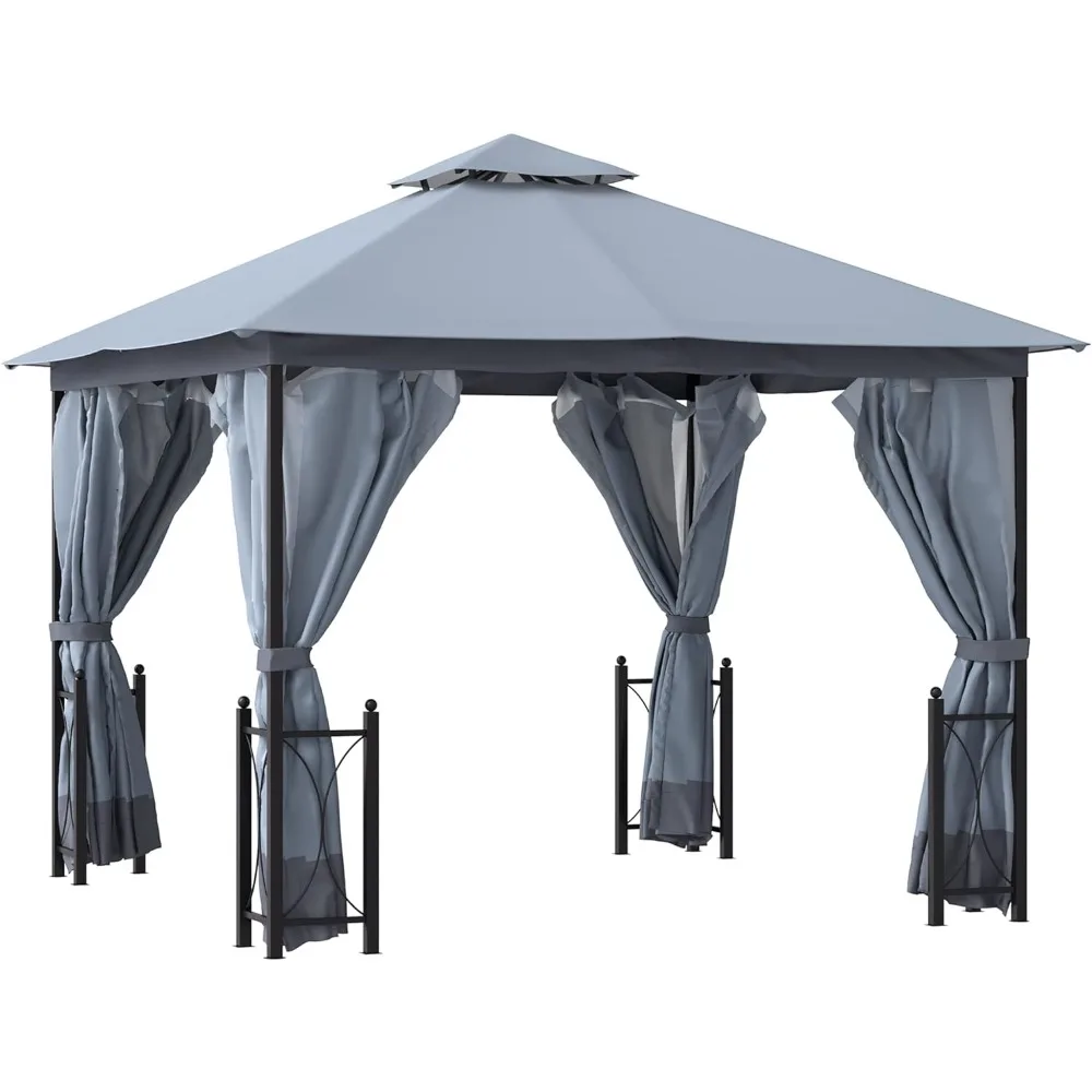 

11' x 13' Patio Gazebo, Double Roof Outdoor Gazebo Canopy Shelter with Netting & Curtains, Steel Corner Columns for Garden