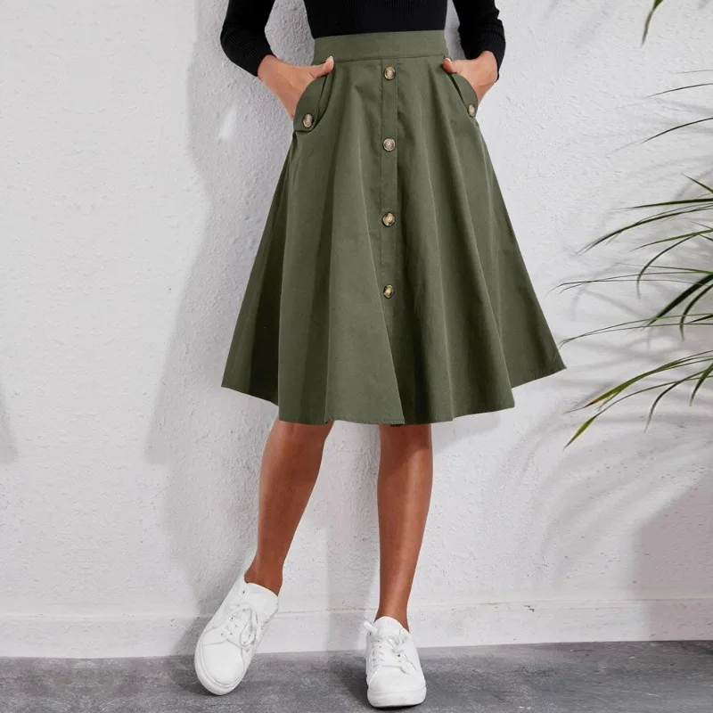 Wanita pinggang tinggi elegan A-line rok saku kancing desain temperamen wanita pakaian kasual wanita mode Perancis rok Midi