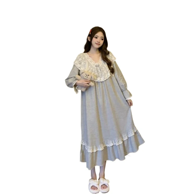 

Loose Large Size 145KG Korean Version Court Style Pajamas Women's Spring and Autumn Lace Cute Princess Style Pajamas Comfortable