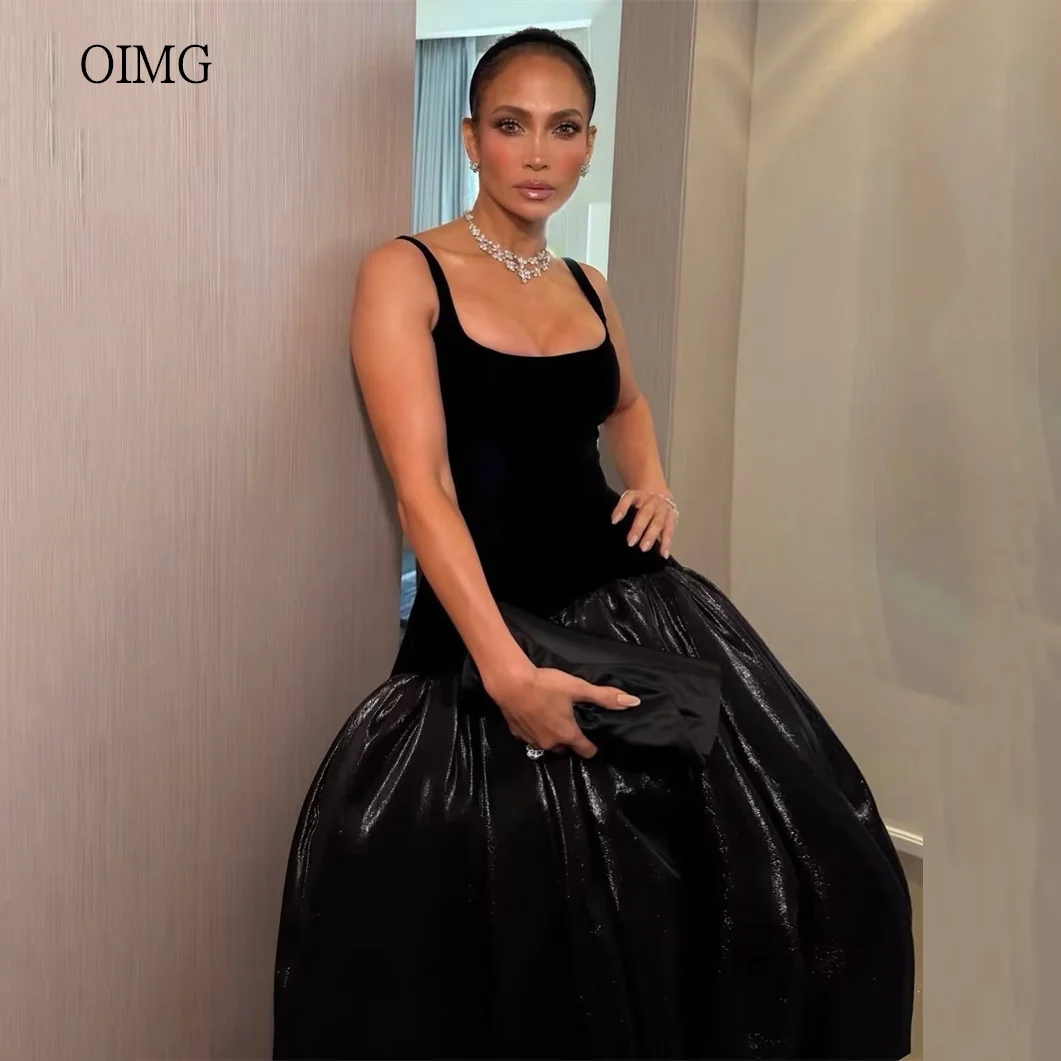 OIMG Elegant Black Spaghetti Strap High/Low Prom Gowns Backless Party Gown Pleated Evening Dress فساتين سهرة 2026Customized