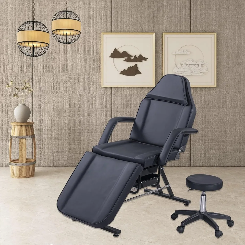 

Tattoo Chair Massage Salon with Two Trays， Esthetician Bed with Hydraulic Stool,Multi-Purpose 3-Section Facial Bed Table, Adjust