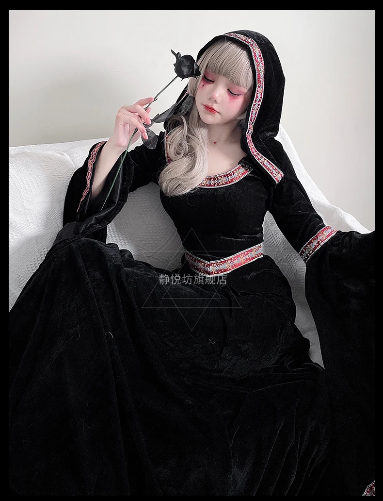 Medieval Victorian Dress For Women Steampunk Flare Sleeve Witch Robe  Cosplay Gothic Costume Wine Red Hood Long Dress Vestidos - AliExpress, image size:790x1032