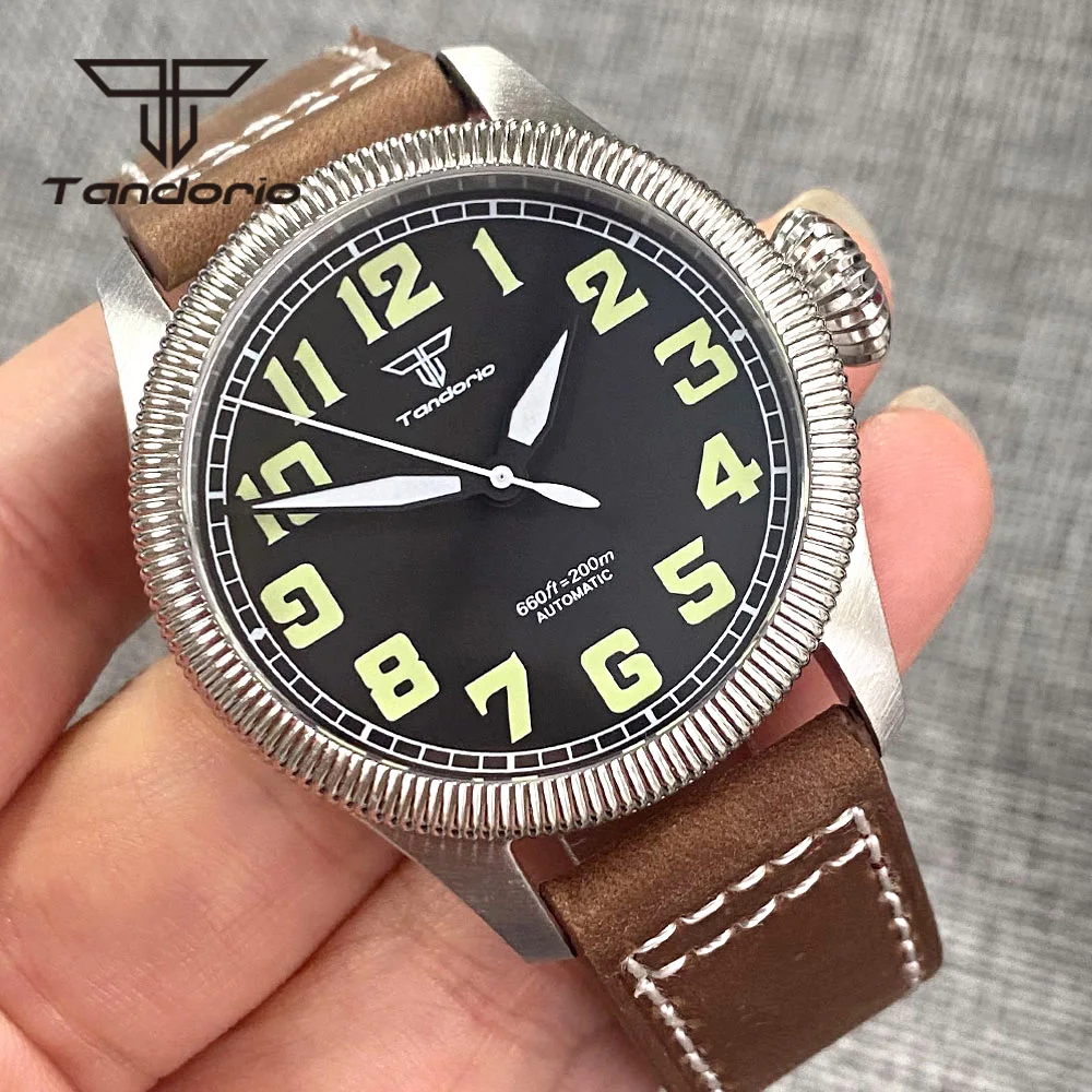 Tandorio 39mm 200M Dive Automatic Pilot Watch for Men Fluted Bezel Big Crown Green Marks NH35A PT5000 Sapphire Leather Luminous