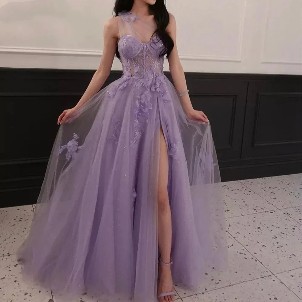 Light Purple A-line Evening Dress Decal Beaded One Shoulder Sleeve Sequins Side Split Prom Evening Gowns Birthday Party Dresses