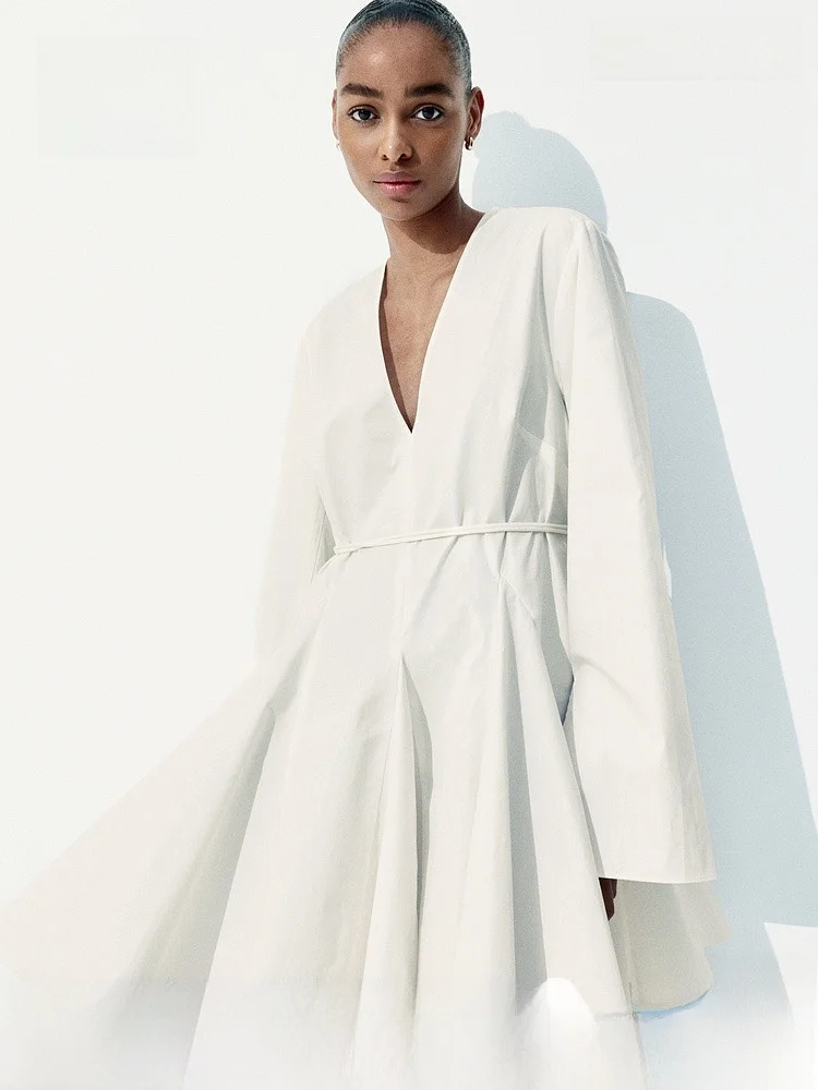 

Ele V-ne ort Dr H&M Spring Women's Faion Bell Sve Skirt Cotton Blend Comfortable Material Other Pattern