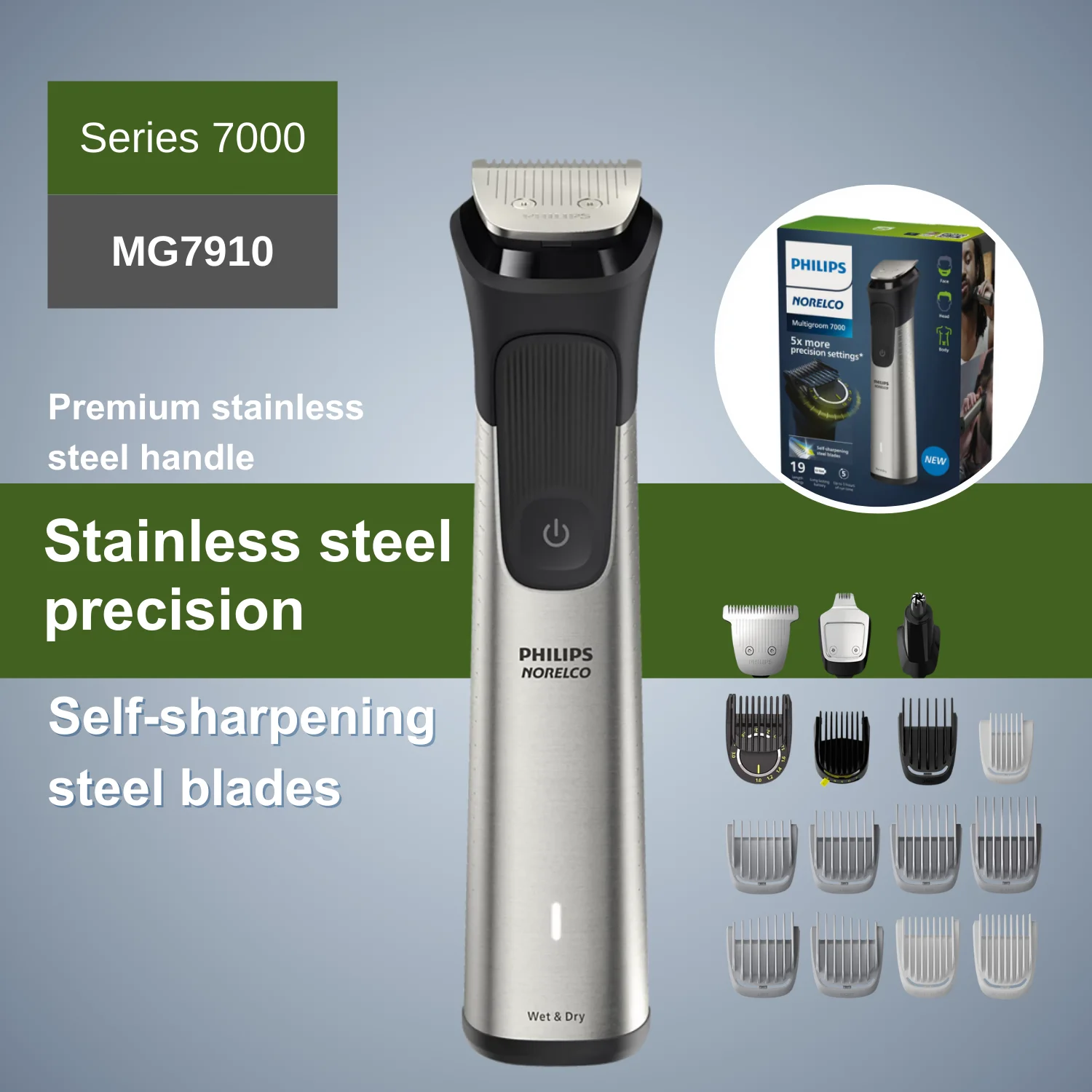 

Philips Norelco All-in-One Trimmer Series 7000 MG7910, Face, Head and Body, Smart BeardSense Technology