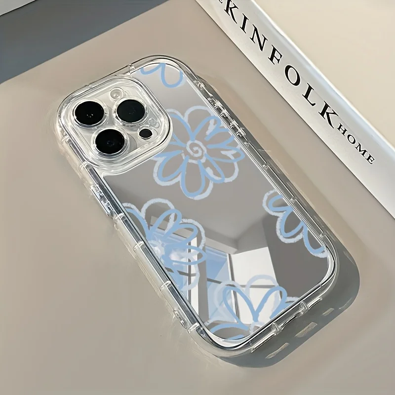 

Blue flower style functional makeup mirror phone case suitable for iPhone 17 16 15 14 13 12 11 Pro/Max/Plus