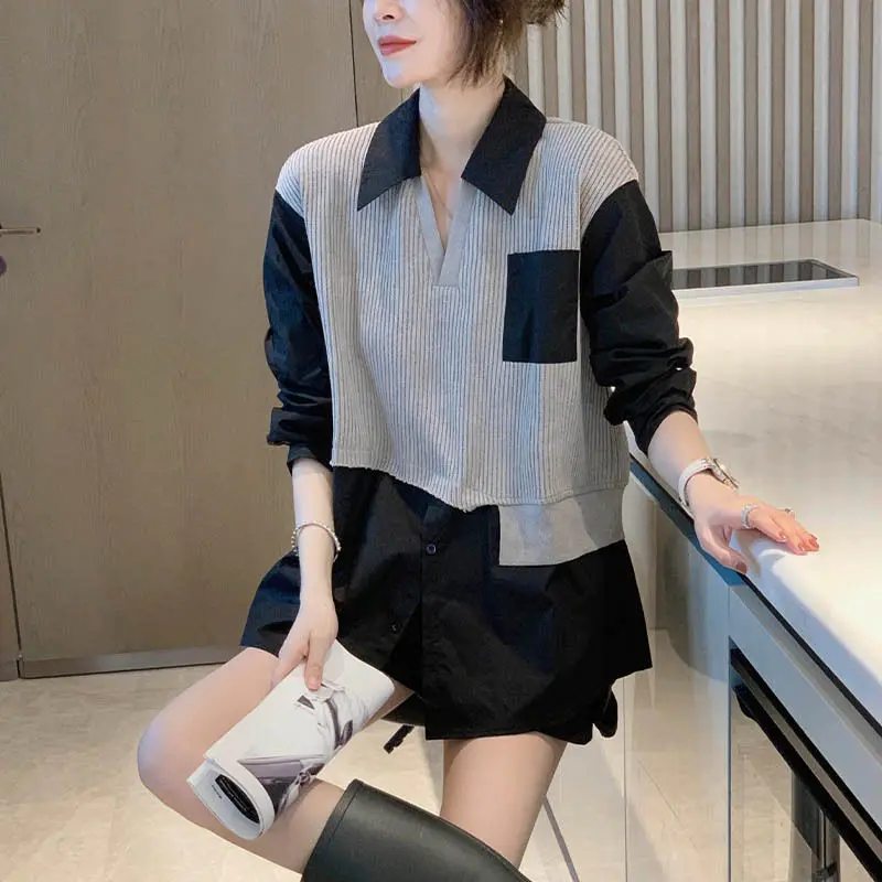 High Street Spring Autumn Stylish Spliced Blouse Fake Two Pieces Female Clothing Striped Turn-down Collar Casual Button Shirt