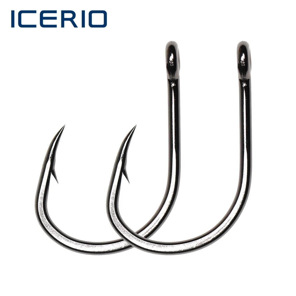 ICERIO 100PCS Black Nickel Ringed Eye Hoodlum Live Bait Hook Heavy Forged Saltwater Jig Fishhook for Yellowtail Tuna Marlin