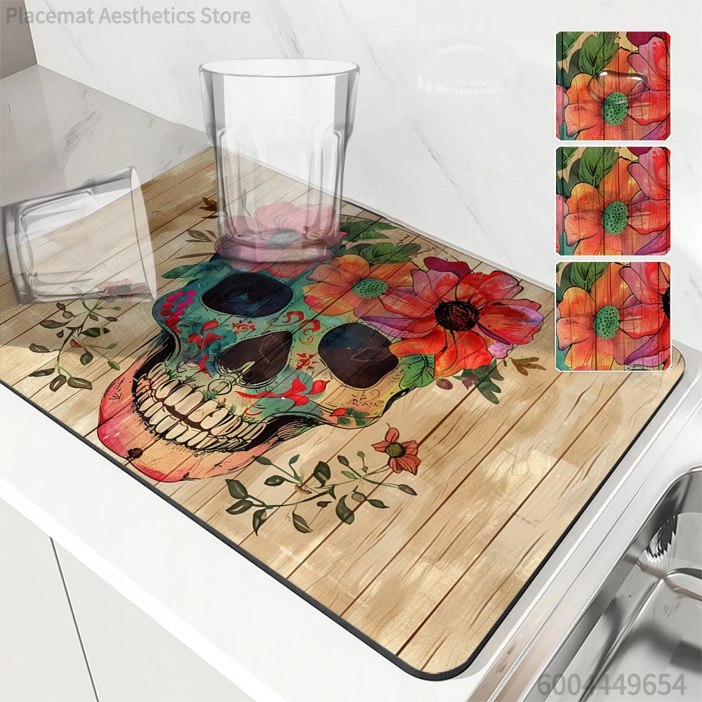 Absorbent Mat Halloween Watercolor Flower Plant Branches Kitchen Antiskid Drying Mat Quick Dry Bathroom Drain Pad Tableware Mat